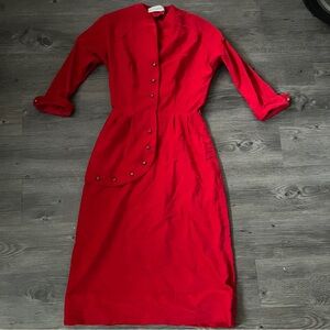 Vintage red corduroy Gay Gibson 3/4 sleeve sheath dress with crown buttons